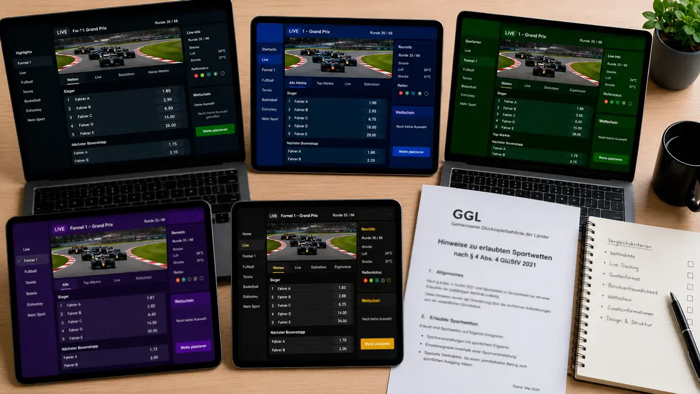 Vergleich GGL-lizenzierter Formel-1-Wettanbieter in Deutschland – Kriterien Markttiefe, Quoten, Live-Wetten und App-Qualität